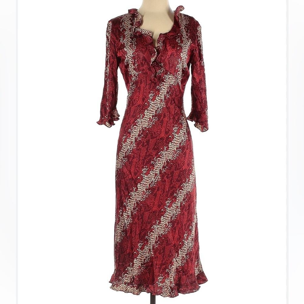 PHILIP DICAPRIO dress 10 red V neck snakeskin print ruffle empire waist sheath